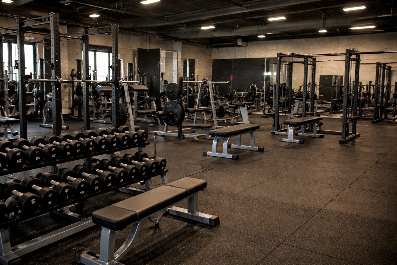 Fitnessstudio Einrichtung mit Geräten und Hanteln