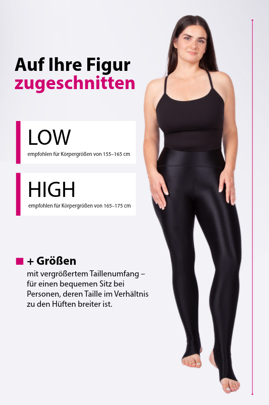 Frau trägt schwarze FLOW fix leggings mit anatomisch geformtem Bund, erhältlich in den Längen LOW und HIGH sowie in Plusgrößen mit erweitertem Taillenumfang.