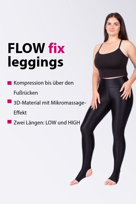 Frau in schwarzen FLOW fix Kompressionsleggings mit Fußrückenabdeckung und 3D-Material mit Mikromassage-Effekt, erhältlich in zwei Längen.
