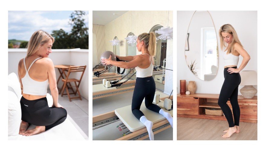 Frau trägt die MOTION leggings in verschiedenen Alltagssituationen, wie Reformer Pilates oder beim entspannen zu Hause