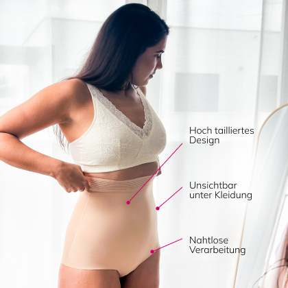 Frau trägt hautfarbene LIPOELASTIC Shapewear Slip High Waist – unsichtbare Figurwäsche mit hohem Bund für eine glatte Silhouette unter Kleidung