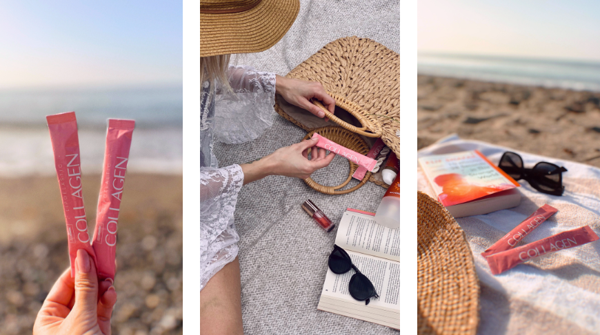 Frau hält LIPOELASTIC Collagen am Strand in der Hand und hält es in die Kamera