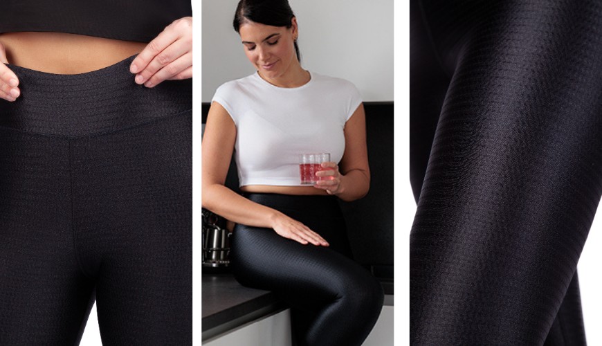 FLOW leggings im Detail. Frau trinkt pinkes Collagengetränk