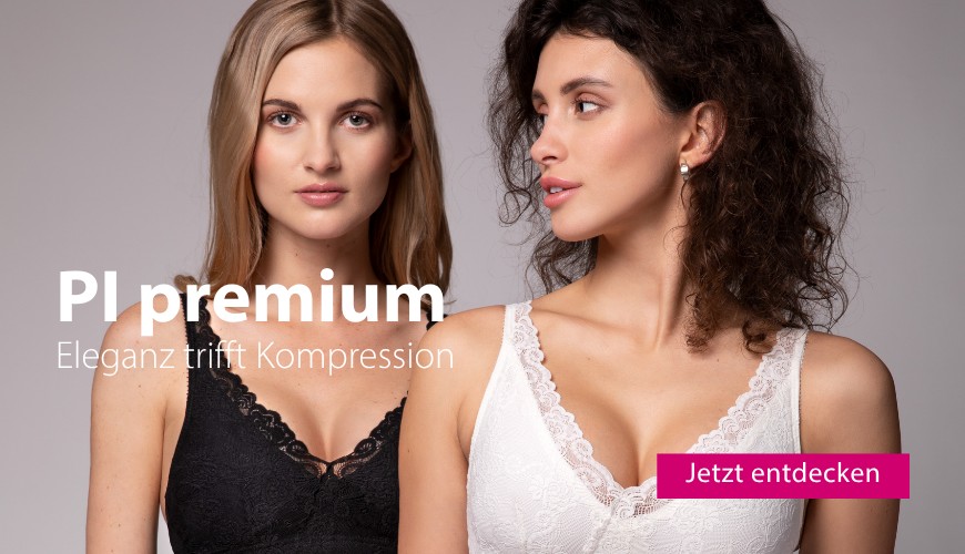 Zwei Frauen tragen Kompressions-BH PI premium mit Spitze, verfügbar in Schwarz und Creme