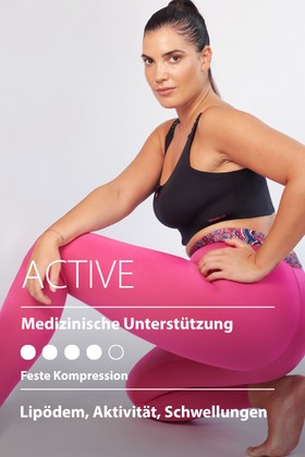 Modell trägt pinke ACTIVE Kompressionsleggings mit fester Kompression – sitzende Pose am Modell