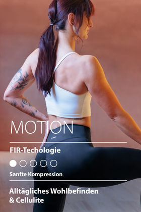 Modell trägt schwarze MOTION Kompressionsleggings mit leichter Kompression und FIR-Technologie – Rückansicht