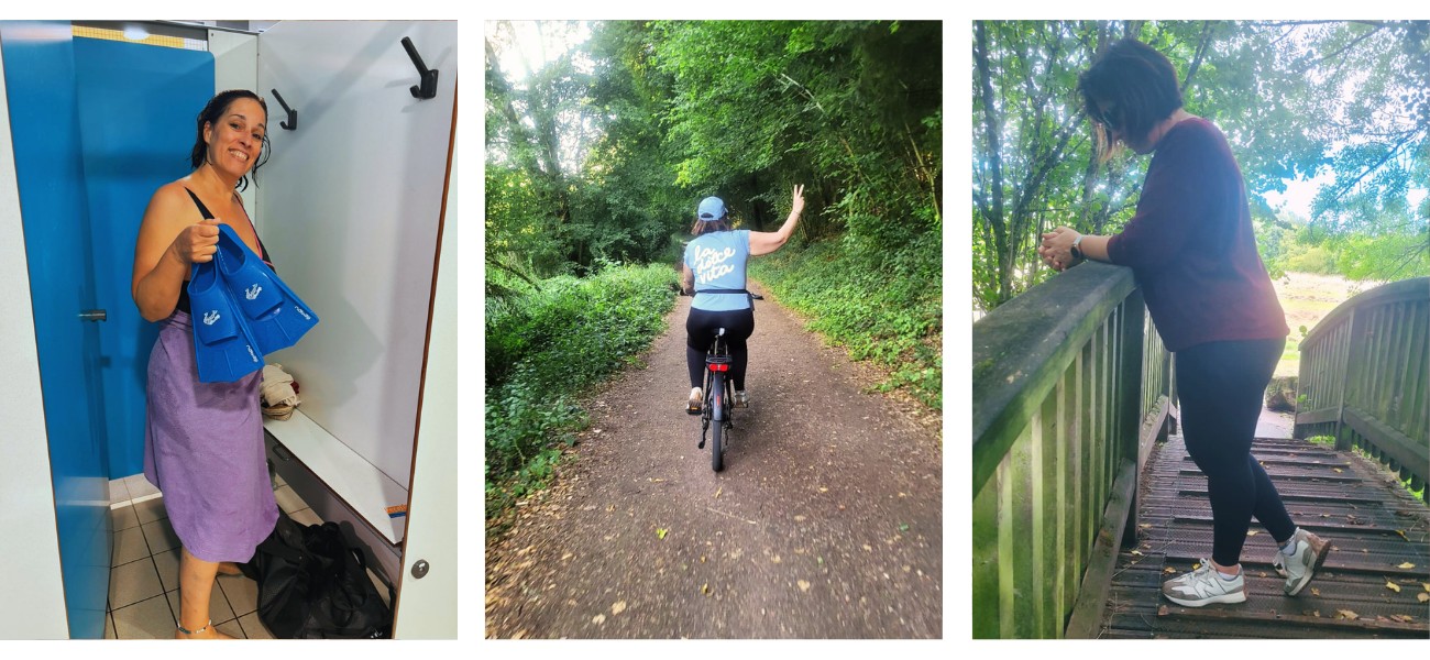 Collage mit drei Alltagsszenen einer Frau: im Handtuch mit blauer Tasche, beim Radfahren im Wald und auf einer Holzbrücke im Grünen.